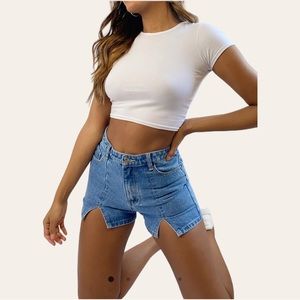 Vintage Wash Denim Split Hem Shorts